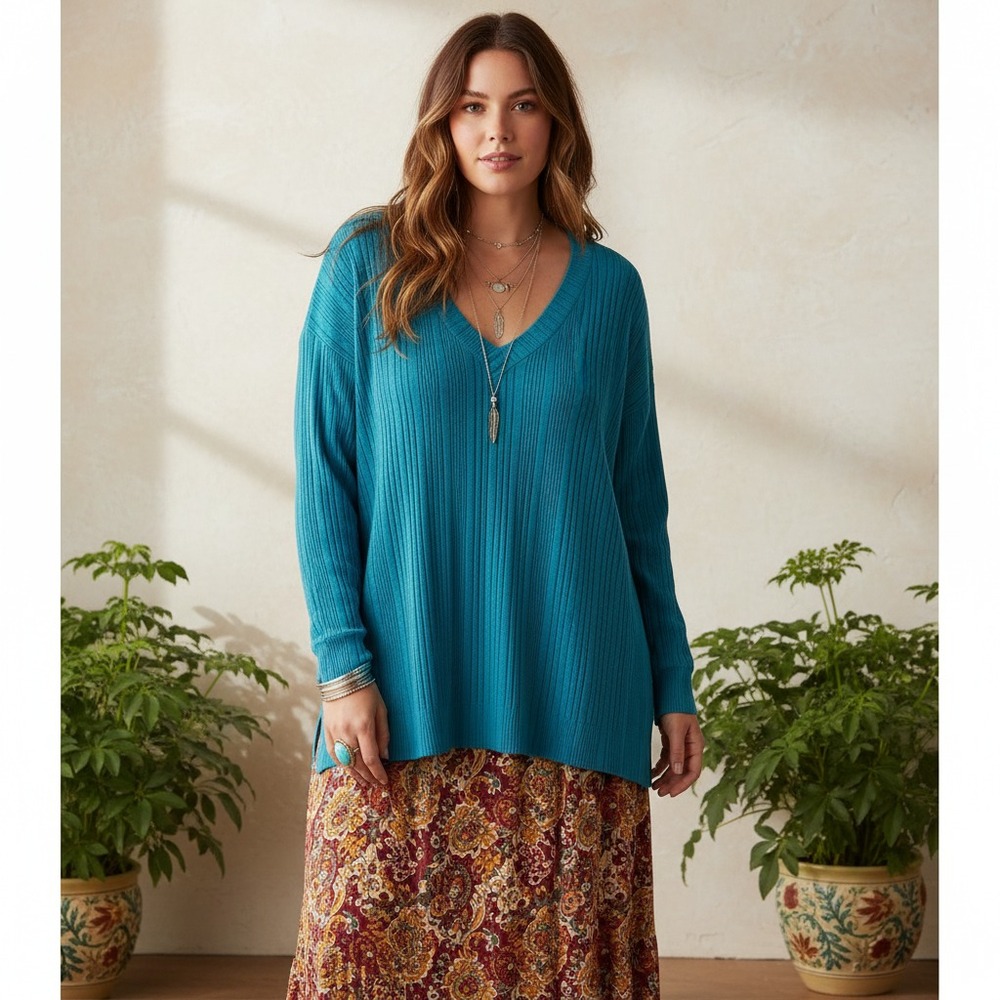 NEW St Johns Bay 2X Women's Top Blue Knit V Neck Tunic LS Casual Comfy